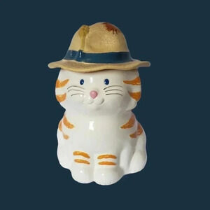 Treasure craft vtg cookie jar cat yellow /wht 12"